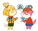  animal_crossing anthro beady_eyes bell blush bow brown_hair canine clothing cute dog duo female freckles fur hair isabelle_(animal_crossing) looking_at_viewer lottie_(animal_crossing) mammal mustelid nintendo otter pawpads pencil_(disambiguation) pink_fur shirt skirt smile somik standing teeth tongue tongue_out video_games writing_(disambiguation) yellow_fur 