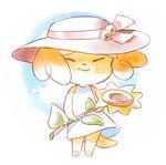  animal_crossing anthro bell canine clothing cute dog dress eyes_closed female flower fur happy hat isabelle_(animal_crossing) mammal nintendo plant smile solo somik standing sunflower video_games yellow_fur 