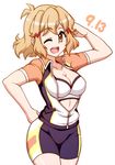  bike_shorts birthday blush breasts brown_hair cleavage commentary_request cowboy_shot dated hair_ornament jacket legs_together looking_at_viewer medium_breasts one_eye_closed orange_eyes senki_zesshou_symphogear short_hair simple_background smile solo sports_bra standing tachibana_hibiki_(symphogear) track_jacket unzipped white_background zetsumu 