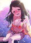  :d backlighting bangs beads black_hair blush breasts cleavage commentary_request day dutch_angle forehead hair_beads hair_ornament hand_up holding_hands idolmaster idolmaster_cinderella_girls large_breasts long_hair looking_at_viewer natsumi_akira navel nose_blush oonuma_kurumi open_mouth out_of_frame outdoors partially_submerged ponytail pov pov_hands purple_eyes sitting smile solo_focus tareme thighs 