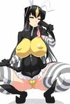  antennae ass black_gloves black_hair blush breasts condom covered_navel covered_nipples gloves large_breasts long_hair looking_at_viewer otoo_(izanagi) personification plump puffy_nipples pussy solo spread_legs squatting striped striped_legwear thighhighs ultra_kaijuu_gijinka_keikaku ultra_series used_condom yellow_eyes zetton 