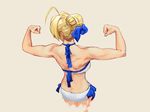  ahoge artoria_pendragon_(all) artoria_pendragon_(swimsuit_archer) biceps bikini blonde_hair commentary derivative_work fate/stay_night fate_(series) flexing from_behind hair_bun highres muscle muscular_female phil_dragash pose reference_work saber swimsuit 