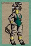  2013 anthro anthrofied bracelet breasts cleavage clothed clothing cutie_mark ear_piercing equine female friendship_is_magic jewelry looking_at_viewer mammal my_little_pony neck_ring one-piece_swimsuit piercing sigil simple_background smile solo standing swimsuit url zebra zecora_(mlp) 