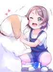  ;d alternate_costume blue_eyes brown_hair cheek_licking commentary_request dog eyebrows_visible_through_hair face_licking heart highres kanabun licking love_live! love_live!_sunshine!! one_eye_closed open_mouth shiitake_(love_live!_sunshine!!) short_hair short_sleeves smile tongue tongue_out watanabe_you younger 