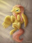  2017 blush equine feathered_wings feathers female feral fluttershy_(mlp) friendship_is_magic hair hi_res hooves krrrokozjabrra long_hair looking_at_viewer lying mammal my_little_pony pegasus pink_hair smile solo underhoof wings 