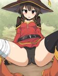  bangs belt black_belt black_gloves black_hair black_legwear black_panties blush boots cape choker dress eyebrows_visible_through_hair fingerless_gloves gloves hat kono_subarashii_sekai_ni_shukufuku_wo! looking_at_viewer megumin momio open_mouth panties red_dress red_eyes sidelocks sitting solo spread_legs sweat thighhighs underwear witch_hat 