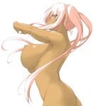  1girl areolae breasts dark_skin female highres huge_breasts long_hair long_twintails looking_at_viewer looking_back nipples nude original papino perky_breasts pink_hair profile simple_background solo standing tan twintails upper_body white_background yellow_eyes 
