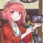  1girl 250en_remon blush book bookshelf english_text fire_emblem fire_emblem_if hairband holding indoors japanese_clothes kimono looking_at_viewer my_unit_(fire_emblem_if) nintendo nintendo_switch nintendo_switch_controller pink_eyes pink_hair sakura_(fire_emblem_if) screen solo super_smash_bros. super_smash_bros._ultimate teapot wavy_mouth wide_sleeves yukata 