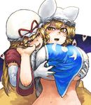  :d animal_ears bangs blonde_hair blush breast_squeeze breasts chanta_(ayatakaoisii) commentary d: elbow_gloves extra_eyes eyebrows_visible_through_hair fox_ears fox_tail gap gloves groping half-closed_eye hand_in_another's_hair hands_on_another's_chest hat highres huge_breasts looking_at_another multiple_girls multiple_tails open_mouth parted_lips pillow_hat puffy_short_sleeves puffy_sleeves red_eyes short_hair short_sleeves simple_background smile sweat sweatdrop tail touhou white_background white_gloves yakumo_ran yakumo_yukari yellow_eyes yuri 