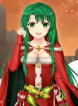  1girl :d belt bow breasts cape cecilia_(fire_emblem) christmas cleavage collarbone detached_sleeves dress english_text fire_emblem fire_emblem:_fuuin_no_tsurugi fire_emblem_heroes fur_trim green_eyes green_hair hand_in_hair long_hair long_sleeves medium_breasts merry_christmas nintendo open_mouth outdoors pazuzu438 ribbon santa_costume smile snowing solo star strapless strapless_dress twilight upper_body 