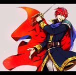  armor blue_eyes cape eliwood_(fire_emblem) fire_emblem fire_emblem:_rekka_no_ken male_focus red_hair short_hair smile sub_(subrgwe) sword weapon 