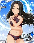  artist_request bare_shoulders bikini black_hair blue_background bracelet breasts card_(medium) character_name collarbone criss-cross_halter demon_horns demon_tail diamond_(symbol) earrings green_eyes halter_top halterneck helen_(idolmaster) horns idolmaster idolmaster_cinderella_girls jewelry long_hair looking_at_viewer medium_breasts nail_polish navel official_art parted_lips red_nails solo swimsuit tail underboob 