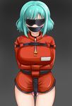  aqua_hair belt blindfold bound breasts gagged grey_background highres large_breasts original panel_gag panties pink_panties ribeiku short_hair straitjacket tied_up underwear zipper 