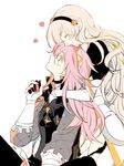  armor blush cape female_my_unit_(fire_emblem_if) fire_emblem fire_emblem_if gloves hairband highres hug long_hair mamkute multiple_girls my_unit_(fire_emblem_if) pink_hair pointy_ears red_eyes smile soleil_(fire_emblem_if) torisudesu white_hair yuri 