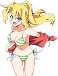  ass_visible_through_thighs bikini blonde_hair blue_eyes blush breasts cameltoe cindy_campbell cleavage collarbone green_bikini highres jacket large_breasts long_hair looking_at_viewer navel open_mouth ponytail red_jacket running shiguko shinryaku!_ikamusume side-tie_bikini simple_background smile solo striped striped_bikini swimsuit thighs white_background 