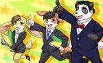  anthro bear black_fur black_hair blue_eyes blue_tie bow_tie brown_hair business_suit canine clothing cody_(tenshoku_safari) coronta_(tenshoku_safari) dog footwear fur green_eyes group hair lagomorph mammal multicolored_fur official_art open_mouth orange_fur panda rabbit shoes smile suit tenshoku_safari unknown_artist usagine_(tenshoku_safari) white_fur yellow_fur 