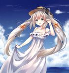  absurdres bangs bare_shoulders blue_sky blush cloud cloudy_sky collarbone commentary_request day dress eyebrows_visible_through_hair fate/grand_order fate_(series) grey_hair hand_up hat highres long_hair looking_at_viewer marie_antoinette_(fate/grand_order) marie_antoinette_(swimsuit_caster)_(fate) ocean open_mouth outdoors seashell_hair_ornament sidelocks skirt_hold sky smile solo standing starfish_hair_ornament sun_hat tareme very_long_hair white_dress ym_(distance819) 