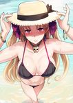  arms_up beach bikini black_bikini blonde_hair blush bow bracelet breasts cleavage crossed_legs day earrings ereshkigal_(fate/grand_order) fate/grand_order fate_(series) foreshortening from_above hair_bow hands_on_headwear hat hat_ribbon jewelry large_breasts long_hair looking_at_viewer miyamoto_issa navel necklace outdoors parted_lips pink_eyes ribbon skull_necklace smile solo string_bikini sun_hat sweat swimsuit two_side_up 