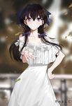  bare_shoulders black_hair blue_bow blush bow breasts cleavage closed_mouth collarbone eyebrows_visible_through_hair hair_bow hentairo highres large_breasts leaf long_hair looking_at_viewer off_shoulder original purple_eyes sketch skirt smile solo twintails 