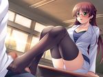  artist_request ass black_legwear brown_hair classroom feet footjob game_cg glasses lingerie long_hair no_shoes panties rakuin_mesu_kyoushi sitting smile teacher thighhighs 