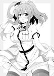  :d blush breast_pocket breasts dress greyscale highres kantai_collection large_breasts long_hair monochrome open_mouth pocket remodel_(kantai_collection) rui_shi_(rayze_ray) saratoga_(kantai_collection) short_sleeves side_ponytail smile solo thighhighs 
