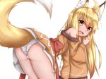  ahoge animal_ears ass bangs bent_over blonde_hair blush bow brown_eyes clenched_hands cowboy_shot dress embarrassed eyebrows_visible_through_hair fang flying_sweatdrops fox_ears fox_girl fox_tail horokusa_(korai) korai_(horokusa) long_hair long_sleeves looking_at_viewer open_mouth original panties simple_background solo tail underwear wavy_mouth white_background white_panties wide_sleeves 