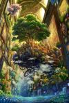  cherry_blossoms city commentary_request dappled_sunlight day fantasy floating_city flower gears giant_tree grass highres indoors kemi_neko no_humans original painting_(object) scenery sunlight tree 