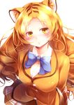  absurdres animal_ears blonde_hair blush bow bowtie brown_hair drill_hair golden_tabby_tiger_(kemono_friends) highres kanzakietc kemono_friends long_hair multicolored_hair orange_hair simple_background solo tiger_ears upper_body white_background white_hair yellow_eyes 