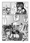  3girls animal_ears bag bare_shoulders bent_over blush bow bowtie breasts bridle brown_thoroughbred_(kemono_friends) cleavage clenched_teeth closed_eyes comic drooling elbow_gloves empty_eyes gloves greyscale hat_feather heart highres horse_ears horse_girl japan_racing_association kaban_(kemono_friends) kemono_friends kurumaou lucky_beast_(kemono_friends) masochism midriff monochrome multiple_girls navel o_o pantyhose riding_crop serval_(kemono_friends) serval_ears smile spanking sports_bra sweat teeth translation_request trembling wavy_mouth 