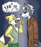  anthro blush canine clothed clothing doopcity duo fox fox_mccloud fully_clothed fur grey_fur mammal multicolored_fur nintendo open_mouth pointing star_fox teeth tongue video_games white_fur wolf wolf_o&#039;donnell 
