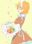  apron blue_eyes flower freckles glasses little_witch_academia lotte_jansson maid maid_apron maid_headdress open_mouth orange_hair profile short_hair skirt_basket solo sou_(tuhut) standing wrist_cuffs yellow_background 