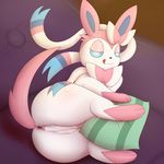  3_toes anus bedroom_eyes black_nose blue_eyes bow eeveelution female feral fur half-closed_eyes long_tail looking_at_viewer lying nintendo on_couch on_side pandashorts pillow pink_fur pok&eacute;mon pussy raised_tail ribbons seductive sofa sylveon toes tongue tongue_out video_games 