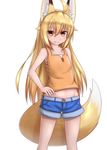  ahoge animal_ears arm_behind_back bangs bare_arms blonde_hair brown_eyes collarbone denim denim_shorts eyebrows_visible_through_hair fang fox_ears fox_girl fox_tail groin hand_on_hip highres horokusa_(korai) korai_(horokusa) long_hair looking_at_viewer midriff original short_shorts shorts simple_background sleeveless smile solo standing tail white_background 