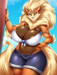  1girl ahoge animal_ears arcanine areola_slip areolae arm_up artist_name big_hair blonde_hair blue_background blue_shorts blue_sky blush breasts cleavage crop_top eyebrows_visible_through_hair furry green_eyes half-closed_eyes hand_on_hip huge_breasts mleonheart navel no_humans outdoors personification pokemon pokemon_(creature) pokemon_rgby shirt short_shorts shorts simple_background skindentation sky smile solo standing tail teeth text thick_thighs tied_shirt watermark white_shirt wide_hips 