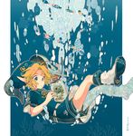  absurdres air_bubble anchor_symbol bangs blonde_hair blue_background blue_eyes blue_robe blue_shorts boots bubble commentary_request dot_nose fish fish_bottle hat highres link male_focus parted_lips plant pointy_ears rinu robe short_sleeves shorts solo submerged the_legend_of_zelda the_legend_of_zelda:_majora's_mask twitter_username underwater 