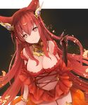  animal_ears anthuria bangs bracelet breasts cleavage commentary_request dress erune gloves granblue_fantasy hair_ornament jewelry kigawa_rin large_breasts long_hair red_eyes red_hair smile solo 