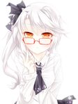  :&lt; alternate_costume arm_behind_back bangs bespectacled black_neckwear black_ribbon blurry blush breasts cherry_blossom_print collarbone collared_shirt commentary_request depth_of_field eyebrows_visible_through_hair fingernails glasses hair_ribbon hand_up highres leaning_forward long_hair long_sleeves looking_at_viewer medium_breasts neckerchief ning_hai_(zhan_jian_shao_nyu) orange_eyes print_ribbon red-framed_eyewear ribbon shirt side_ponytail silver_hair simple_background solo tareme tengxiang_lingnai v white_background white_shirt zhan_jian_shao_nyu 