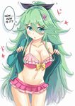  1girl aqua_eyes bikini black_ribbon blue_jacket breasts chan_(akuty_ikkot) collarbone cosplay eromanga_sensei flower green_hair hair_between_eyes hair_flower hair_ornament hair_ribbon hard_translated highres izumi_sagiri izumi_sagiri_(cosplay) jacket kantai_collection long_hair long_sleeves medium_breasts open_clothes open_jacket open_mouth pink_bikini pink_flower ribbon solo speech_bubble swimsuit translated yamakaze_(kantai_collection) 