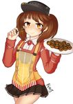  absurdres apron artist_name bare_legs brown_eyes brown_hair eyebrows food highres holding holding_food holding_plate jacy japanese_clothes kantai_collection kariginu long_sleeves looking_at_viewer magatama plate pleated_skirt ryuujou_(kantai_collection) skirt smile solo takoyaki toothpick twintails visor_cap 