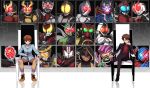  brown_hair card chin_rest glowing glowing_eyes highres hood kadoya_tsukasa kamen_rider kamen_rider_555 kamen_rider_agito kamen_rider_agito_(series) kamen_rider_blade kamen_rider_blade_(series) kamen_rider_build kamen_rider_build_(series) kamen_rider_dcd kamen_rider_den-o kamen_rider_den-o_(series) kamen_rider_double kamen_rider_drive kamen_rider_drive_(series) kamen_rider_ex-aid kamen_rider_ex-aid_(series) kamen_rider_faiz kamen_rider_fourze kamen_rider_fourze_(series) kamen_rider_gaim kamen_rider_gaim_(series) kamen_rider_ghost kamen_rider_ghost_(series) kamen_rider_hibiki kamen_rider_hibiki_(series) kamen_rider_kabuto kamen_rider_kabuto_(series) kamen_rider_kiva kamen_rider_kiva_(series) kamen_rider_kuuga kamen_rider_kuuga_(series) kamen_rider_ooo kamen_rider_ooo_(series) kamen_rider_ryuki kamen_rider_ryuki_(series) kamen_rider_w kamen_rider_wizard kamen_rider_wizard_(series) kamen_rider_zi-o_(series) legs_crossed pink_eyes pointing pointing_at_self pointing_up pose reaching_out scarf sitting smile throne thumbs_up tokiwa_sougo yoshino_(gunform) 