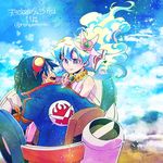  1boy 1girl blue_hair blue_sky cloud flower goggles goggles_on_head hair_flower hair_ornament lagann mecha multicolored_hair nia_teppelin nonosaki simon sky smile tengen_toppa_gurren_lagann two-tone_hair 