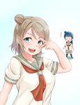 @_@ alternate_hairstyle black_legwear blue_hair blush brown_hair chibi chibi_inset collarbone eyebrows_visible_through_hair grey_skirt hair_bun highres long_hair looking_at_another looking_at_viewer love_live! love_live!_sunshine!! multiple_girls neckerchief open_mouth puffy_short_sleeves puffy_sleeves rama_(yu-light8) red_neckwear short_hair short_sleeves skirt smile thighhighs tsushima_yoshiko v v_over_eye watanabe_you 