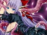  1girl blue_eyes blush breasts elf_ears horns large_breasts monster purple_hair tentacle tentacle_in_ear 