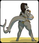  anthro big_breasts bikini breasts butt clothing female fish huge_breasts lipstick looking_back makeup marine robotjoe shark smile solo standing swimsuit thick_thighs tight_clothing 