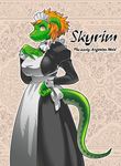  apron argonian beige_background black_dress breasts brooch brown_eyes closed_mouth commentary_request copyright_name dress english from_side furry green_skin hand_on_hip hand_on_own_chest horns jewelry juliet_sleeves kurohiko large_breasts long_sleeves looking_at_viewer maid maid_headdress monster_girl orange_hair outline profile puffy_sleeves scales slit_pupils solo standing tail the_elder_scrolls the_elder_scrolls_v:_skyrim white_apron wrist_cuffs 