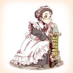  apron blush brown_eyes brown_hair cobblestone glasses hair_up highres looking_afar maid maid_apron maid_headdress original rimless_eyewear sepia_background simple_background skateboard sleeve_cuffs solo squatting suzushiro_(suzushiro333) thick_eyebrows victorian_maid 