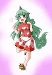  :d blush_stickers commentary curly_hair fang full_body geta green_eyes green_hair heart horn kariyushi_shirt komano_aun kousei_(public_planet) long_hair open_mouth paw_pose shirt shorts smile solo t-shirt tail thick_eyebrows touhou 