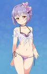  bikini blue_background blush bow breasts choker closed_mouth cowboy_shot front-tie_top hair_bow idolmaster idolmaster_cinderella_girls koshimizu_sachiko looking_at_viewer mamezou navel polka_dot polka_dot_bikini purple_bikini purple_bow purple_eyes shirt side-tie_bikini small_breasts smile solo standing swimsuit thigh_gap tied_shirt untied untied_bikini wet white_shirt yellow_eyes 