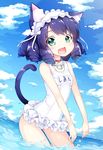  :d animal_ears bangs bare_arms bare_shoulders bell blue_sky blush bow breasts cat_ears cat_girl cat_tail cloud curly_hair cyan_(show_by_rock!!) day eyebrows_visible_through_hair fang frilled_swimsuit frills green_eyes hairband highres inumine_aya jingle_bell lolita_hairband long_hair looking_at_viewer name_tag nontraditional_school_swimsuit ocean one-piece_swimsuit open_mouth outdoors purple_hair school_swimsuit show_by_rock!! sky small_breasts smile solo sparkling_eyes swimsuit tail wading water white_bow white_school_swimsuit white_swimsuit 