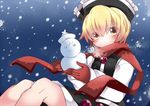  black_skirt black_vest blonde_hair blue_background blush commentary_request expressionless eyebrows_visible_through_hair eyes_visible_through_hair gloves hammer_(sunset_beach) holding knees_up looking_at_viewer lunasa_prismriver red_gloves red_scarf scarf short_hair sitting skirt snowing snowman solo touhou vest 